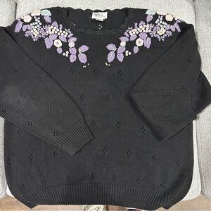 vintage all points black Sweater with embroidered Purple Floral Design